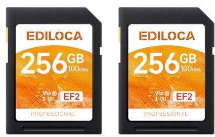 Ediloca Scheda SD da 256GB EF2, 2 Pack,fino a 100MB/s in Lettura, UHS-I, C10, U3, V30, video Full HD e 4K, scheda di memoria, scheda SD per fotocamera, indispensabile per fotografi professionisti