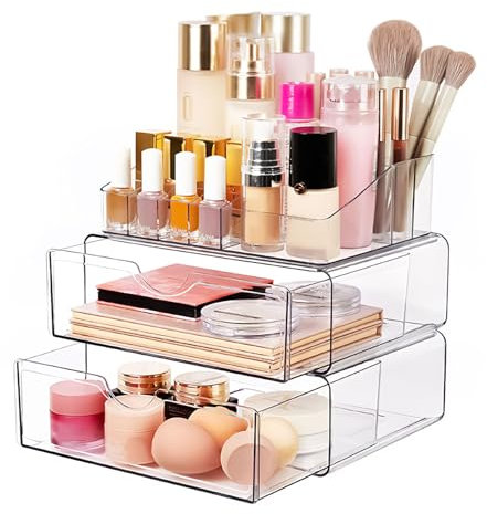 JABNOW Porta Trucchi Organizer 3 Piani, Organizzatore Trucchi Trasparente In Acrilico, Make Up Organizer per Profumi, per Toeletta, Bagno e Camera da Letto(Con 12 cuscinetti antiscivolo)