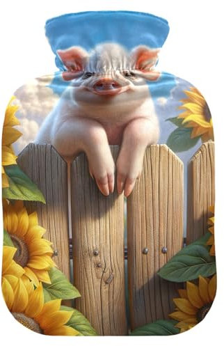 Wärmflasche mit süßem Schwein, Sonnenblumen, Wärme- oder Kaltwasserflasche mit weichem Bezug, Wärmbeutel für Fußbettwärmer, Schmerzlinderung, 2 l