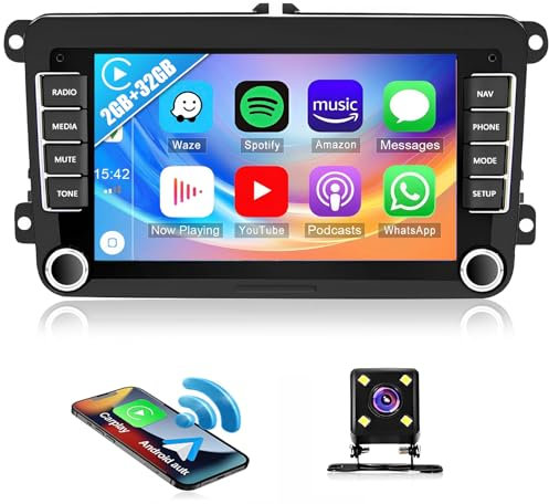 Carplay Autoradio für VW Golf 5 6 Polo T5 Tiguan Skoda Passat Jetta Caddy B6 B7 Touran,2G+32G Autoradio mit 7 Zoll Bildschirm,Navi Android Auto RDS FM GPS WiFi HiFi Mirror Link+Rückfahrkamera