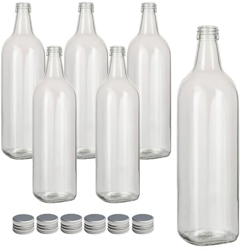 gouveo 6er Set Glasflasche 700 ml Maraska mit Schraubverschluss silberfarben - Leere Flasche aus Glas mit Deckel zum Befüllen - Likörflasche, Ölflasche, Essigflasche (MFET700S)