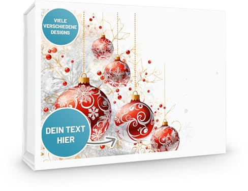 VerpackungsWelt Personalisierte Geschenke-Box | 31x22x10 cm | Geschenk-Karton mit Deckel & Magnet-Verschluss | Gold-rotes Weihnachtskugel-Motiv | Kartons personalisiert in Weiß