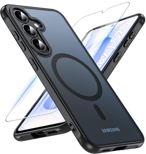 OWKEY for Samsung S25 Case, Compatible with MagSafe with Screen Protector, Magnetic Case for Samsung Galaxy S25 5G, Translucent Matte Back Shockproof Phone Cover (Black)