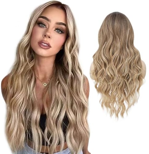 DKDDSSS 24 Peluca Sintética de Onda Natural Larga Ombre Marrón a Dorado, Pelucas Marrones Claras para Mujer, Marrón Ceniza Larga Ondulada para Carnaval Cosplay Fiesta