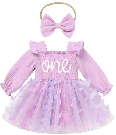 Odizli Vestito da bambina per il 1° compleanno, a maniche lunghe, con ricamo a farfalla, fiore, in tulle + fascia, Lilla, 9-12 Mesi