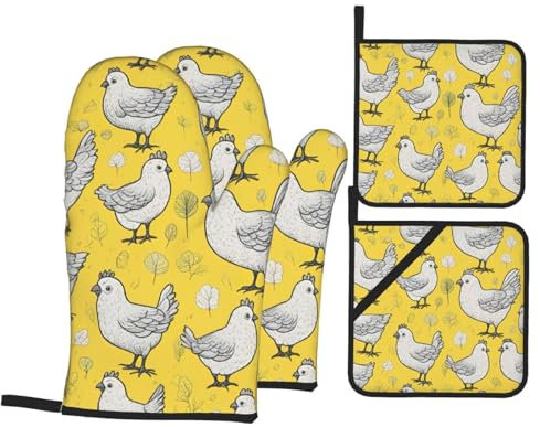 Set di 4 presine e presine con stampa di pollo giallo