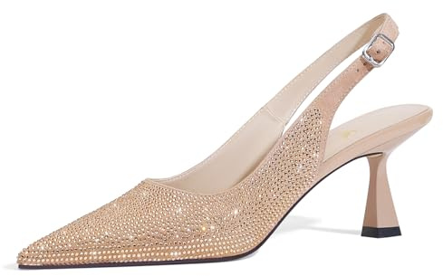 LOCERICH Damen-Pumps mit Kätzchen-Absätzen, Slingback, niedriger Absatz, geschlossene Zehenpartie, Strass, spitzer Zehenbereich, glitzernd, Slingback, Brautschmuck, Hochzeit, Party