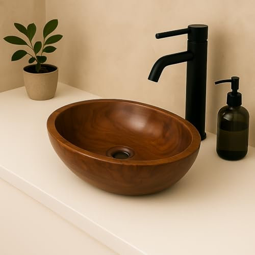 Lendo Online Lavabo da appoggio ovale in teak 30x25 / 40x30 / 60x40 cm – Lavandino in legno massello per bagno o WC – Superficie liscia – Prodotto naturale con venature uniche (30x25cm)