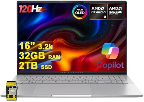 ASUS Vivobook S16 AI Ordinateur portable 16 3,2 K OLED 120 Hz (600 nits 100 % DCI-P3) AMD 10-core Ryzen AI 9 365 (jusqu'à 50 Tops) 32 Go de RAM 2 To SSD pour Creator Designer Business Professional