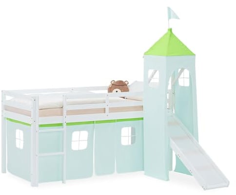 Homestyle4u Hochbett 90x200 mit Rutsche & Turm, Kinderbett Holz Weiß | Spielbett aus Massivholz Kiefer mit Vorhang in Grün, Hochbett Kinder inkl. Absturzsicherung, nach EU-Norm EN 747 geprüft