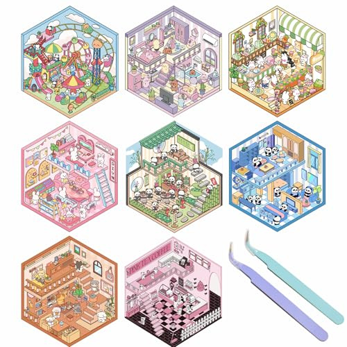 Sikweny 8 Sets 3D Sticker Scene Miniatur Haus Sticker mit 2 Pinzette 3D Miniatur Haus Stickers DIY-Aufkleber für Basteln Haus Aufkleber Machen Sie Ihren Eigenen Tiermotiv für Erwachsene und Kinder