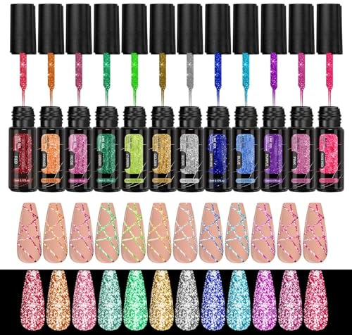 Reflekterande Glitter Gel Emalj Reflekterande Långvarigt Gel Manikyr Liner | 12 Färger Nagel Design Nagellack För Glitter Nagel Kvinnor Hemma Fest Helg Sommar Manikyr Liner Kit