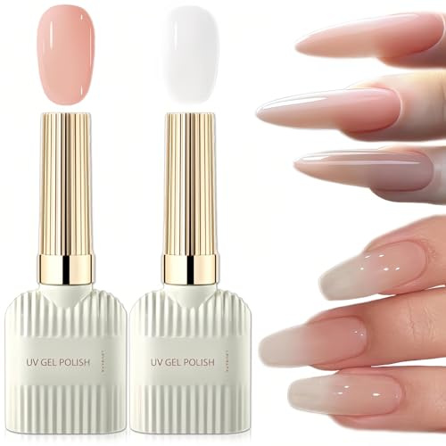 Jelly Gel Nail Polish Set, Milky White and Nude UV Gel Polish, 15ML Each Translucent Nude For Nails, Jelly Kit for French Manicure DIY
