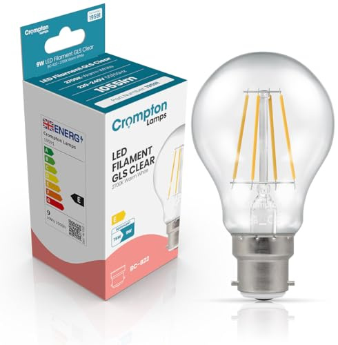 Crompton Lamps Filament GLS LED Light Bulb BC-B22d | 9W = 75W Equivalent | Warm White 2700K | Energy Efficient | Bayonet Lightbulb | Long Life 15,000-Hrs | Clear Glass | Dimmable