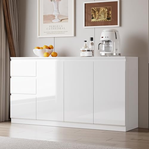 Sideboard Weiß Hochglanz 155 cm, Kommode mit 3 Türen & 3 Schubladen | Modernes Sideboard mit glänzender Oberfläche, 3 Türen, 3 Schubladen, viel Stauraum und verstellbaren Einlegeböden