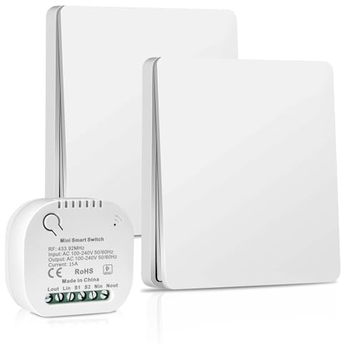 Hycago 230V Interrupteur Sans Fil Sans Pile avec Récepteur, Interrupteur Radio Auto-alimenté Sans Batterie, Va et Vient Sans Fil Mural Étanche,Télécommande Jusqu'à 50-200m (2 Interrupteur+1 Récepteur)