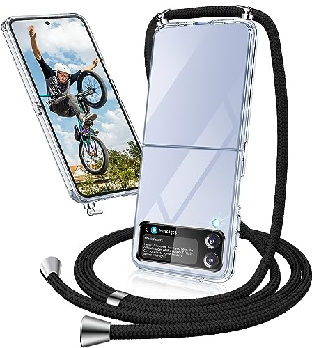 Coque de protection pour Samsung Galaxy Z Flip 4 - Avec bande - Collier transparent - Coque de protection Z Flip 4 - Avec cordon de suspension - Ultra fine - Pour Samsung Z Flip 4 5G - Noir