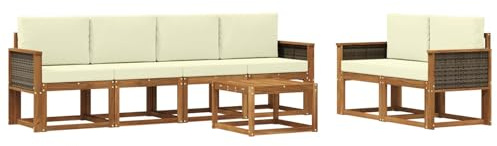 vidaXL Outdoor-Sofagarnitur mit Kissen 6 pcs Natur und Creme, Moderne Outdoor-Sofagarnitur, robuste Eckcouch, stylisches Gartenmöbel, Akazienholz, Bequeme Sitzplätze