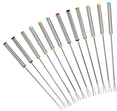 GuDoQi Fourchettes à Fondue en Acier Inoxydable, Lot de 12, Bâtonnets à Rôtir Guimauve, Poignée Résistante à la Chaleur, Fourchettes à Fromage pour Fruits, Chocolat, Fondue, Rôtis (24cm)
