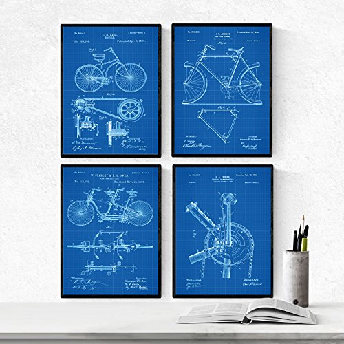 Nacnic Blau Fahrrad Patent Poster 4-er Set. Vintage Stil Wanddekoration Abbildung von Sports und Fahrradteilen. Verschiedene geometrische Alte Erfindungen Bilder ohne Rahmen. Größe A4.