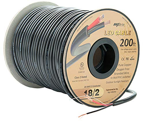 200 ft. 18AWG Low Voltage LED Cable, 2 Conductor, Outdoor Rated, Black Sleeve in-Wall Speaker Wire UL Class 2 Certified, Sunlight Resistant