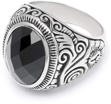 Schmuck-Checker Großer Edelstahl Herren Ring Onyx Stein oval verziert muster silber schwarz hochwertig Männer Geschenk