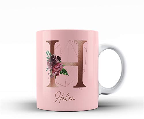 Personalised Floral Botanical Watercolour Monogram and Signature Ceramic Mug - 3b. Geometric Rose Gold Letter on Pink