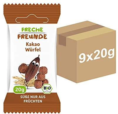 FRECHE FREUNDE Bio Kakao Würfel, süßer Müsli Snack ohne Zucker, mit Kakao und Datteln, für Kinder, ohne Zusatzstoffe, vegan, 9er Pack (9 x 20 g)