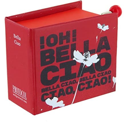 Spieluhr/Spieldose/Musikdose/Musikbox mit Handkurbel in Form eines illustrierten Pappbuchs mit 18-Ton-Spielwerk - Bella ciao (anonym).