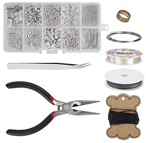 MengH-SHOP Jewellery Making Kit Handcrafted Jewellery Making Repair Kit Jewellery Accessory Kit with Pliers Tools for Adults and Beginners DIY Earrings, Necklaces, Bracelets (Silver)