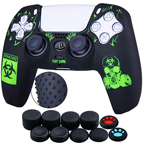 YoRHa Tachonado Talla Láser Silicona Caso Piel Fundas Protectores Cubierta para PS5 Mando x 1 (BH Verde) con Pro los puños Pulgar Thumb Gripsx 8