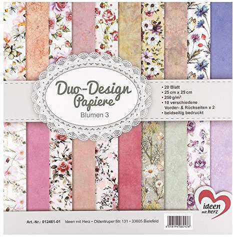 Ideen mit Herz Duo-Design-Papiere | Block mit 20 Blatt Bastelpapier | 25 x 25 cm | 250g/m² | beidseitig bedruckt | Designpapier, Motivpapier | ideal für Scrapbooking, Basteln (Blumen 03)