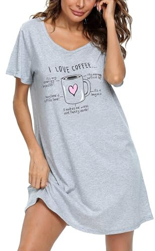 ENJOYNIGHT Chemise de Nuit Femme Manches Courtes Imprimées Robe de Nuit Col Rond Vêtements de Nuit (X-Large,Tasse à Coeur Gris)