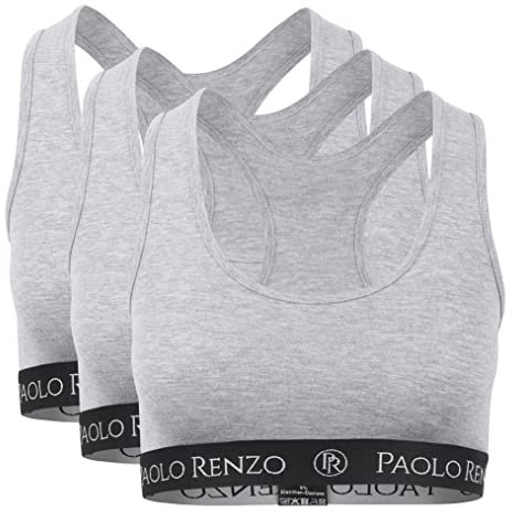 Paolo Renzo Damen Bustier Sport LINE 3 Stück Baumwoll BH Atmungsaktiv Größe S Grau