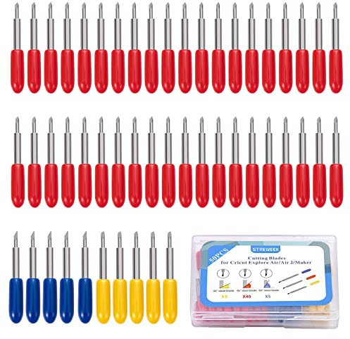 STREWEEK 50PCS Fine Point Blades, Cutting Blades for Cricut Maker Explore Air 2/Air 3, Including 5PCS 30° Shallow Replacement Blades, 40PCS 45° Standard Blades and 5PCS 60° Deep Blades