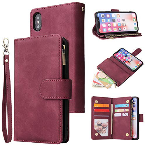 UEEBAI Wallet Case for iPhone X iPhone Xs, Premium Vintage PU Leather Magnetic Closure Handbag Zipper Pocket Case Kickstand Card Holder Slots with Wrist Strap TPU Shockproof Flip Cover - Wine Red