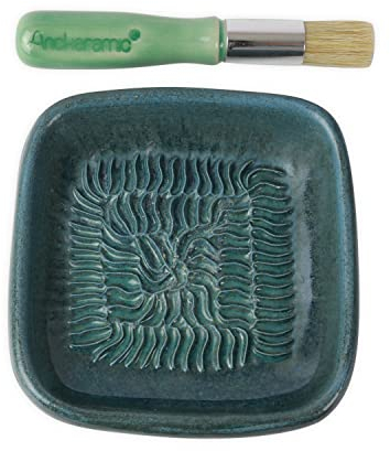 ANCKERAMIC® Ceramico Reibeteller & Backpinsel mit Naturborsten, Set aus Keramik für Knoblauch, Ingwer, Muskat, Handmade (Cadet/Grün)
