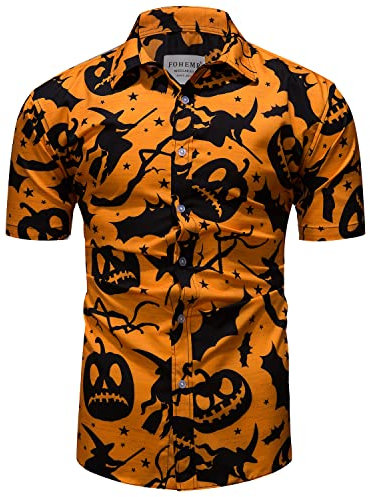 fohemr Mens Halloween Shirts Ugly Pumpkin Bat Print Short Sleeve Button Down Casual Hawaiian Shirt Witch Dress Orange Small