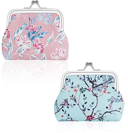 FuninCrea 2 Pcs Coin Purse for Women, Faux Leather Coin Purses with Kiss Lock, Floral Pattern Change and Coin Wallet Double Clasp Closure Mini Purse for Cash, Coin, Key