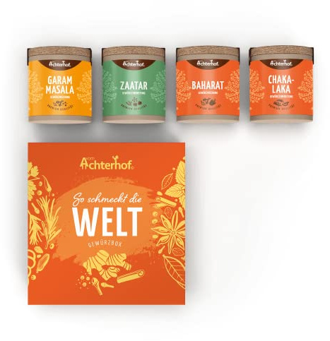 So schmeckt die Welt Gewürzbox | Baharat, Chakalaka, Garam Masala und Zaatar Gewürzzubereitung | besonders aromatischer Geschmack | Gewürzset ideal zum Verschenken | vom Achterhof