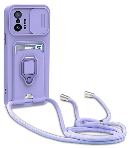 yanasuo Schiebe Kameraschutz Silikon Handykette Hülle kompatibel mit Xiaomi Mi 11T/11T Pro, Metall Ring Halter Handy Cover,Verstellbarer Halskette Handyhülle-Lila