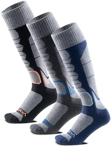 WEIERYA Skisocken,Thermische Gepolsterte Ski Socken für Skifahren,Snowboarden,Outdoor Wintersport für Herren Damen,Schwarz Grau Blau 3 Paar (45-48)