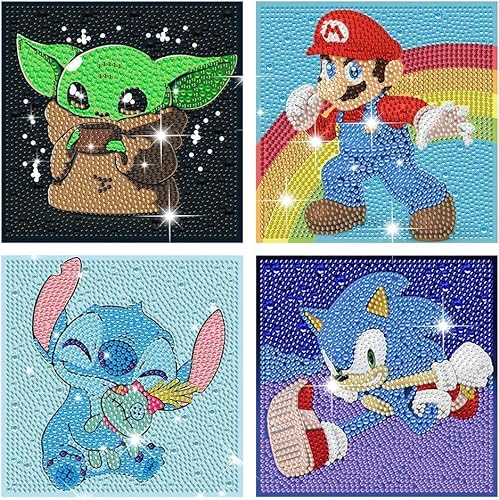Niumowang Diamond Painting Kinder 4 Stück, Cartoon Theme Diamant Malerei Kits, Crystal Diamond Painting, DIY Voller Crystal Strass Diamantmalerei Set für Erwachsene Kinder 15x15cm (4PCS)