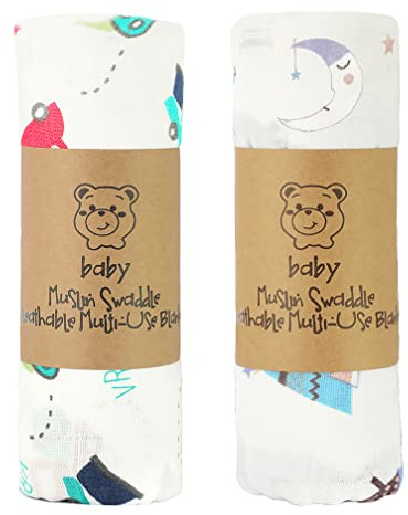 ALBOYI 2 Pack Baby Muslin Washcloths, Soft and Absorbent Baby Bath Towel 120cm x 110cm, Organic Cotton Moon and Car Cartoon Reusable Newborn Towel, Squares Muslin Washcloth Blanket for Newborn