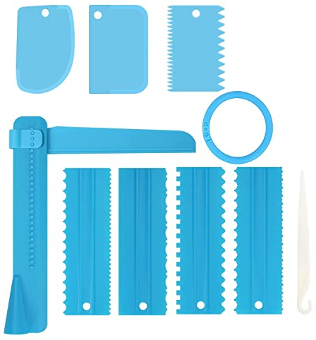 GUO-YING 9Pcs Grattoir à Gâteau pour Crème à Beurre,Gâteau Plus Lisse,Réglable Spatules à gâteau Grattoir,Lisseur à Gâteau Décoration de Peigne Outil de Pâtisserie,Cuisine Moule De Cuisson Outil