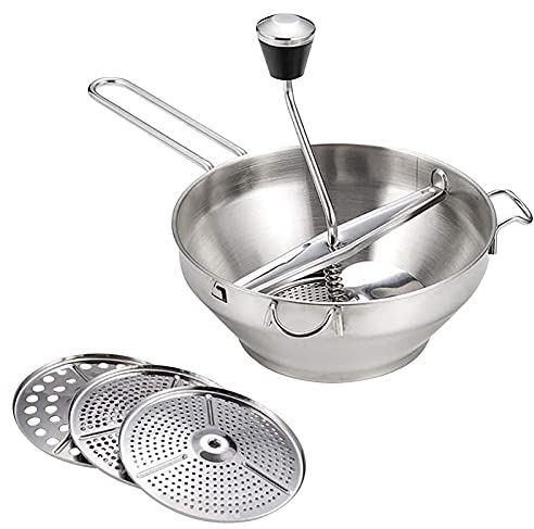 KIPEKE 19cm/7.5 Manual Food Mill, Stainless Steel Rotary Food Mill Sieve Grater with 3 Sieve Inserts, Manual Rotary Food Grinder and Puree Maker for Fruit, Sauces, Purees, Soups