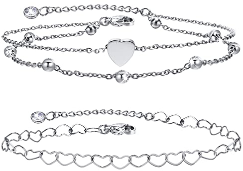 FLHEART Silber Herz Fußkettchen für Frauen - 2 Pcs Wasserfest Herzkette und Doppel Fußkette mit Kugeln für Damen Mädchen Verstellbar Sommer Strand Sandale Barfuß Fußkettchen Schmuck Geschenke