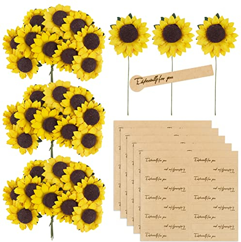 BETESSIN 100Pcs Künstliche Sonnenblumen 3,5cm Kunstblumen mit 90 Stickers Dekoblumen Klein mit Metalldraht Gefälschte Blumen mit Stiel Party Hochzeit DIY Scrapbook Karten Dekoration Hellgelb