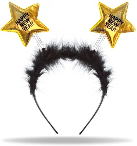 Hatstar Happy New Year Haarreif | Kostüm Accessoire zu Silvester & Neujahr Party | Stirnband für Damen, Herren & Kinder (gold - schwarz)
