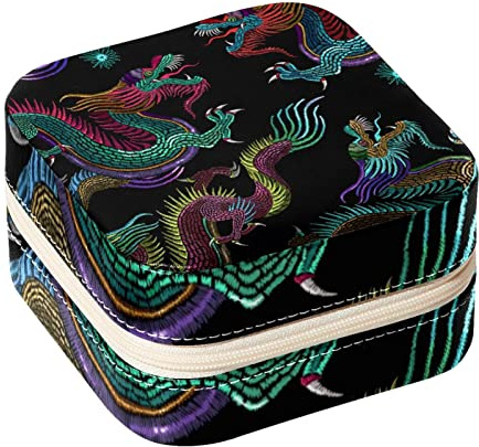 Eslifey Tragbare Reise Mini Schmuckschatulle Chinesische Drachen Kunst Klassisches Muster Kleine Schmuckschatulle für Frauen Leder Ring Organizer